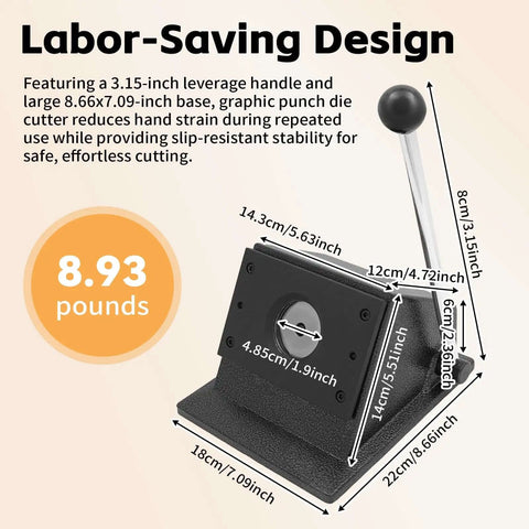 37mm Round Manual Card Badge Cutter With 3.15 Inch Labor Saving Handle and measurements displayed