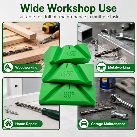 Top Notch 3 Piece Drill Bit Sharpener Guide Jig Kit For Manual Bench Grinder Angle Tool displaying 90, 118, 135 degree jigs for woodworking, metalworking.
