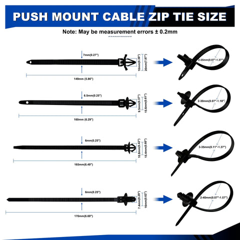 200 Piece Car Wire Loom Routing Clips Kit With 14 Clip Sizes And 4 Universal Push Mount Zip Ties size chart for wiring harness