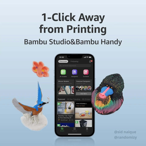 Smartphone displaying 3D printing app, colorful bird, and flower printed with Blazing Fast Multi Color 3D Printer With Full Auto Calibration, Active Flow Rate Compensation, and AMS Lite for Smooth Multi Filament Printing, Ultra Quiet Under 48dB, 256mm Cube Build Volume, High Speed And Precision.