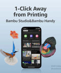Smartphone displaying 3D printing app interface with colorful bird and flower models, emphasizing Blazing Fast A1 Mini 3D Printer With AMS Lite For Multi Color Printing Ultra High Speed And Precision Full Auto Calibration And Active Flow Rate Compensation Quiet Up To 48 Decibels FDM Printer For Home Hobby And Small Shops.