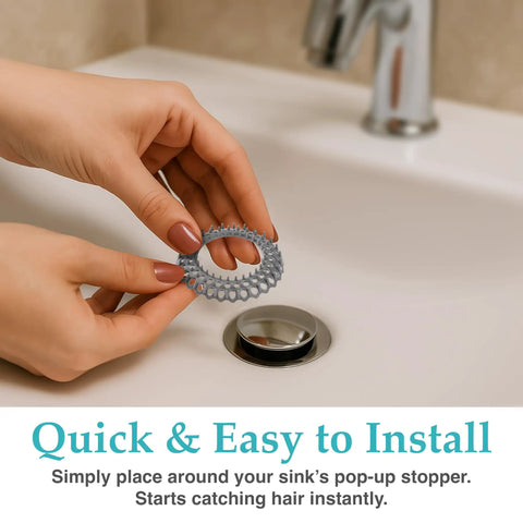 Hands installing Disposable Vanity Sink Drain Saver Hair Catcher for Clog Prevention, 3.7-inch around pop-up stopper in sink.