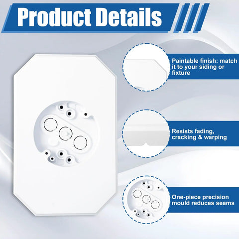 Two Pack Vinyl Siding Mounting Blocks For One-Half Inch Lap Double And Four Inch Siding In White, Heavy-Duty Plastic, No-Fuss Install, Paintable Surface To Match Siding Or Exterior Light, Outdoor Lighting Mounts, white paintable block detail