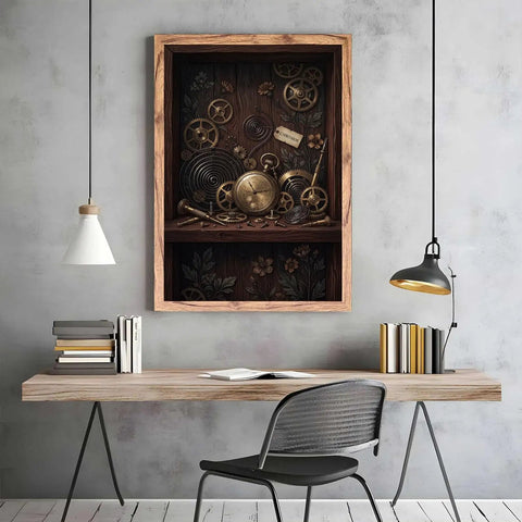 Stunning Vintage Clockwork Pocket Watch Wall Art Natural Framed Print With Brass Gears And Floral Details For Moody Dark Wood Interior Decor That Adds Classic Charm To Any Home Or Office Room Setting Right Now, displayed over a desk.