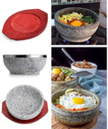 Stone Casserole Bowl With Wood Base For Bibimbap And Korean Stews, featuring a granite stone bowl on a wooden base, 6-inch diameter.