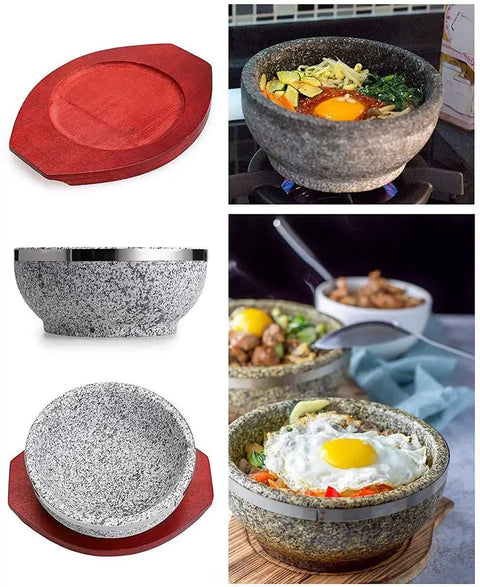 Stone Casserole Bowl With Wood Base For Bibimbap And Korean Stews, featuring a granite stone bowl on a wooden base, 6-inch diameter.