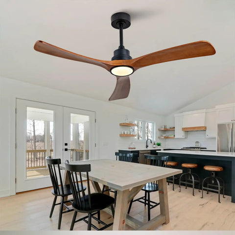 52 Inch Wood Ceiling Fan With 3 Solid Wood Blades Reversible DC Motor For Living Room in a modern kitchen setting.