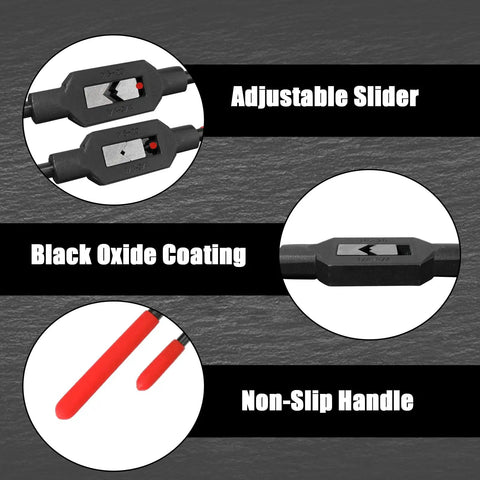 Two Pcs Adjustable Tap Wrenches With Ratcheting Handles black oxide coating and non-slip handle details