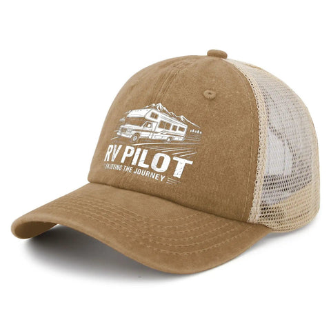 RV Traveler Cap For Road Trips And Camper Vacations, Pilot Style Trucker Hat With Golf Vibe, Easy Care And Portable, brown design