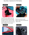 Inflatable Wing Foil Surf Wing setup instructions with pump hose, pressure gauge, and valve for inflation.