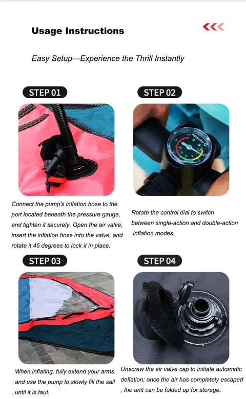 Inflatable Wing Foil Surf Wing setup instructions with pump hose, pressure gauge, and valve for inflation.