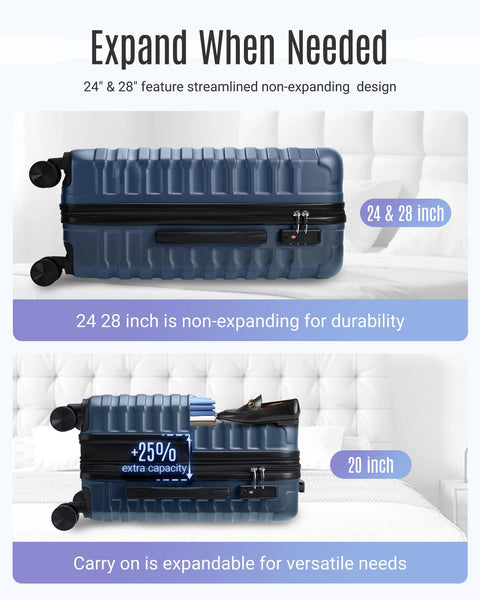 Light Flight 3-piece blue hard-shell luggage set by Amazon with spinner wheels, 20/24/28 in, TSA lock