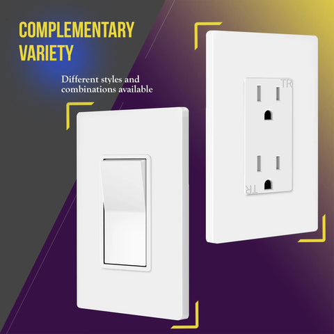 Screwless Decorator Wall Plate 1 Gang Outlet Cover Child Safe Unbreakable Polycarbonate Thermoplastic Glossy White Finish Durable Heat And Fade Resistant UL94 V2 Rated Easy Install Model SI8831 with switch and outlet combination