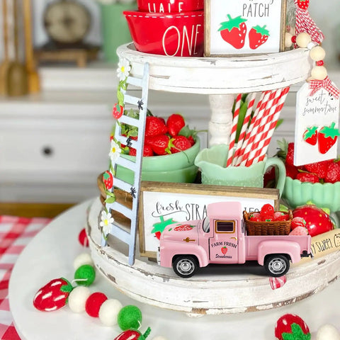 Pink Strawberry Pickup Truck Decor With Realistic Faux Strawberries For A Cute Cozy Farmhouse Tiered Tray Accent In Spring Country Kitchen Home Office And Living Space Display