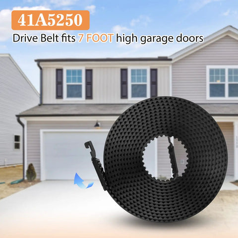 41A5250 Garage Door Opener Belt For 7 Ft High Doors 237 Inch Drive Belt Replacement shown in front of garage.
