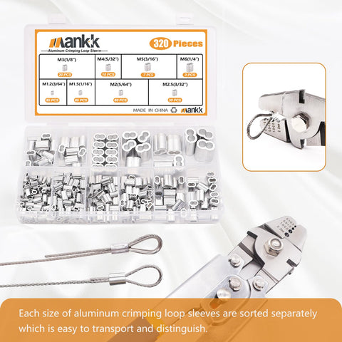 320 Piece Aluminum Crimping Loop Sleeve Kit With Eight Sizes From 3/64 Inch To 1/4 Inch for wire rope and marine rigging