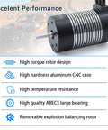 All Weather 3660 2350Kv Brushless Motor And 60A ESC Combo for 1/10 RC Cars and Trucks, showcasing aluminum case and features.