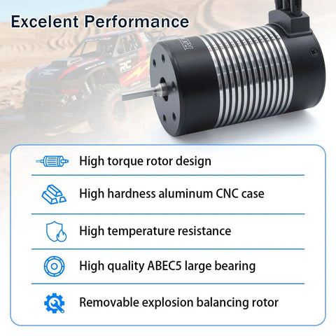 All Weather 3660 2350Kv Brushless Motor And 60A ESC Combo for 1/10 RC Cars and Trucks, showcasing aluminum case and features.