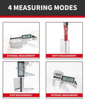 Four measuring modes of 8 Inch Digital Caliper In Stainless Steel IP54 With Inch Millimeter Fraction Conversion And Large LCD Screen 0.001in Precision Zero Reset Button Measures 0 To 8 Inch Or 0 To 200 mm For Crafts Metals And Wood