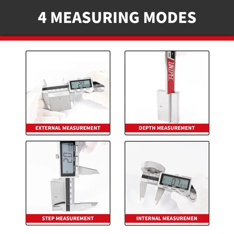 Four measuring modes of 8 Inch Digital Caliper In Stainless Steel IP54 With Inch Millimeter Fraction Conversion And Large LCD Screen 0.001in Precision Zero Reset Button Measures 0 To 8 Inch Or 0 To 200 mm For Crafts Metals And Wood