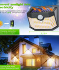 Top Tier 120 Led Solar Outdoor Lights With PIR Motion Sensor And Three Smart Modes For Yard with solar panel and light specifications.