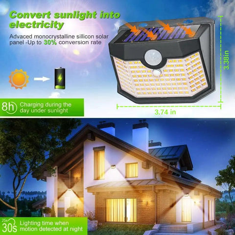 Top Tier 120 Led Solar Outdoor Lights With PIR Motion Sensor And Three Smart Modes For Yard with solar panel and light specifications.