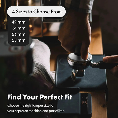 Barista using 58mm Espresso Tamper With Flat Stainless Steel Base for home espresso setup, showing four size options.