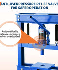 Heavy Duty 12 Ton H Frame Hydraulic Shop Press With Manual Pump And Adjustable Steel Table showing anti-overpressure relief valve.