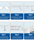 Installation steps for Bendable Ceiling Curtain Track System showing diagram for mounting flexible 16.4 ft PVC rail.