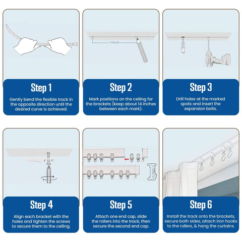 Installation steps for Bendable Ceiling Curtain Track System showing diagram for mounting flexible 16.4 ft PVC rail.