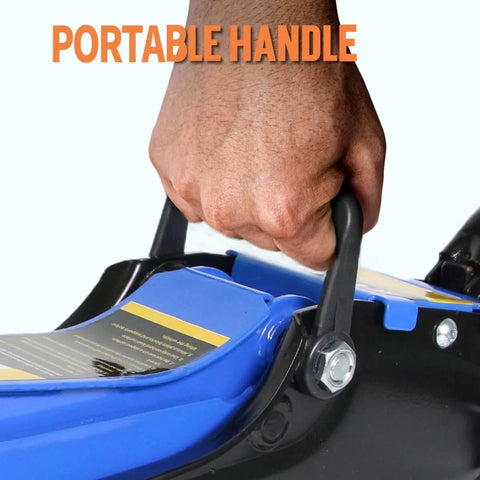 Close-up of portable handle on 2.5 Ton Hydraulic Floor Jack With Low Profile For Sedans And SUVs 3.4 Inch To 15.2 Inch Lift Range Alloy Steel Build.
