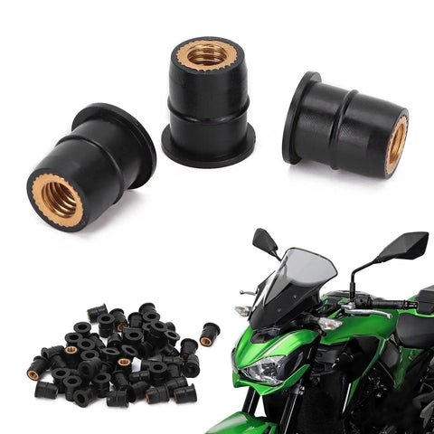 M6x0.8mm Heavy Duty Rubber Well Nuts For Motorcycle Windscreens And Atv Body Fasteners With Captive Brass Inserts To Crush Vibration And Create A Sweet Tight Seal Hella Solid Fifty Piece Black Set with black rubber and brass insert.
