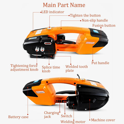 Handheld Automatic Hot Melting Strapping Tool For 13 To 16 Mm Pp Pet Straps With Rechargeable Battery features labeled controls and parts.