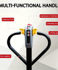 Multi-functional handle of Heavy Duty Electric Pallet Jack 6600 Lb Capacity with buttons for lifting, lowering, horn, and emergency stop.