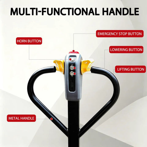 Multi-functional handle of Heavy Duty Electric Pallet Jack 6600 Lb Capacity with buttons for lifting, lowering, horn, and emergency stop.