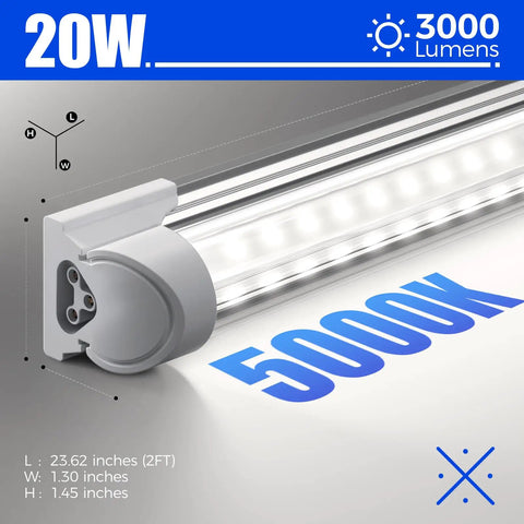 2Ft LED Shop Light Strip 20W 3000LM 5000K Daylight T8 Fixture With Clear Cover close-up showing dimensions and lighting details
