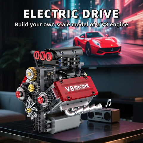V8 Engine Building Set That Runs Build Your Own 8 Cylinder Engine With Battery And Motor 478 Pieces STEM Toy shown on table