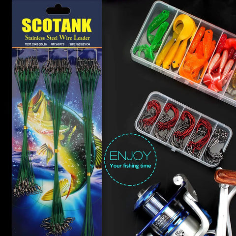 Stainless Steel Fishing Leaders Kit With Heavy Duty Swivels And Snap Connectors For Lures Bait Rig Or Hooks Nylon Coated Green 60 Pieces Three Size Options Up To 50 Lb 12 Inch 9 Inch 7 Inch packaging with fishing accessories