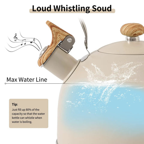 Close-up of Stove Top 2.5 Quart Whistling Tea Kettle With Food Grade 18 8 Stainless Steel Wood Pattern Folding Handle Creamy White Finish Fast Heating Easy Clean Includes Silicone Heat Insulation Pad showing water line and tip for kettle use.