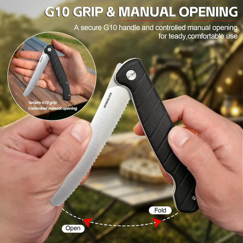 9.09 Inch Folding Bread Knife For Camping And Outdoor Cooking With 4.25 Inch Serrated 8Cr14MoV Stainless Blade, G10 Handle