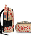 Side view of Patriotic USA Poster Print Backpack For Everyday Use, Unisex Large Capacity Daypack with flag design and text 'Bless America.'