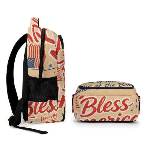Side view of Patriotic USA Poster Print Backpack For Everyday Use, Unisex Large Capacity Daypack with flag design and text 'Bless America.'