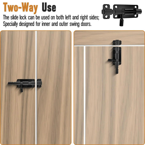 Heavy Duty 2 Piece Black 4 Inch Slide Bolt Gate Latch Kit With Smooth Operation crafted from Hardcore 304 Stainless Steel on doors.