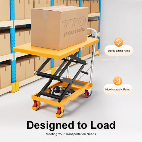 Yellow manual hydraulic lift table cart with black scissor arms and non-slip top, lifting a 770-pound box.