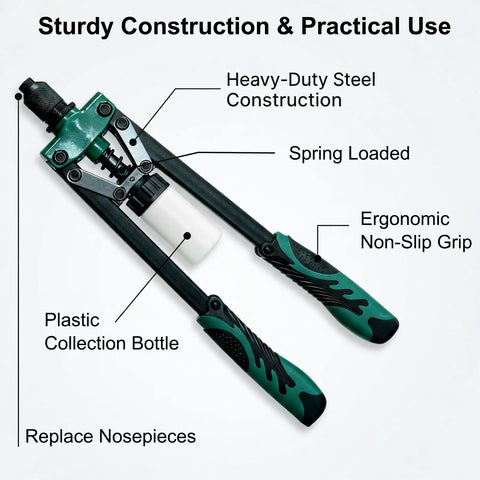 Billion Gold Heavy Duty Double Handle Rivet Gun With Spring Loaded Fast Release Mechanism For Effortless Operation And Reduced Hand Fatigue Professional Grade Leverage Tool For Rapid Riveting Workflows, featuring ergonomic non-slip grips and plastic collection bottle.