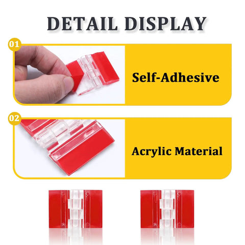 Detail display image of Sixteen Pack Clear Acrylic Self Adhesive Hinges 35X25 Millimeter showcasing self-adhesive feature and material.