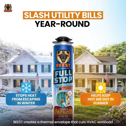 High Density Fire Rated Spray Foam Insulation Boasts R-8.24 R Value Crushes Heat Loss And Dampens Noise Like A Champ For Walls And Attics This Six Pack Of Expanding Sealant Delivers Rock Star Protection In 26.8 Oz Cans in front of a house.