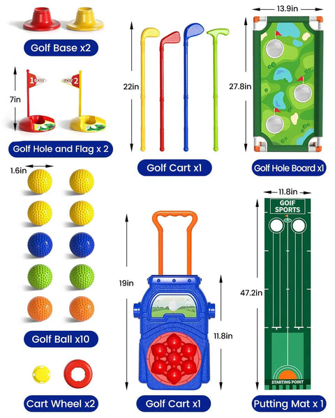 Toddler Golf Set With Putting Mat And Cornhole Board For Kids Aged 3 To 5 Includes 4 Lightweight Clubs 10 Balls 2 Holes And Portable Cart