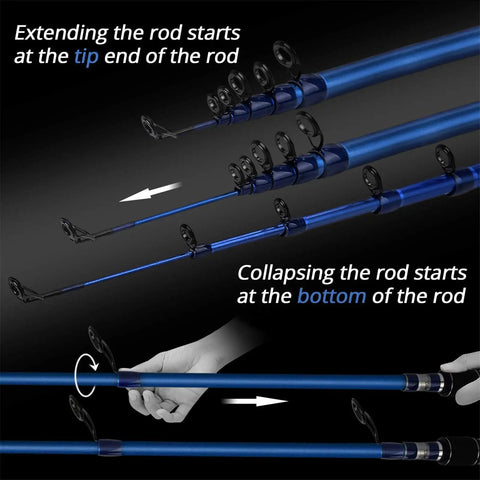 Diagram of Compass Telescopic Casting Fishing Rod 6Ft, showing extension and collapse features, for freshwater and saltwater angling.