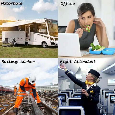 Collage of a motorhome, office worker eating, railway worker on tracks, and flight attendant, depicting diverse uses for a food warmer.